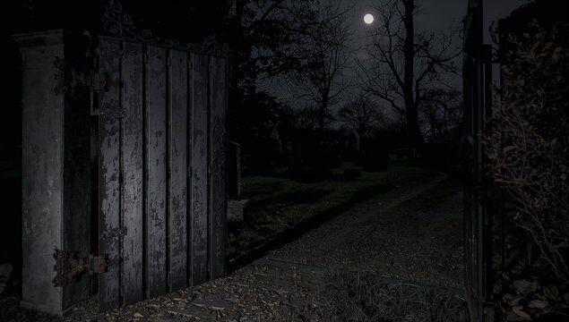 Framing wrought-iron gate leaf at cemetery gate, casting full moonlight on gravel path, copy space - Powered by Adobe