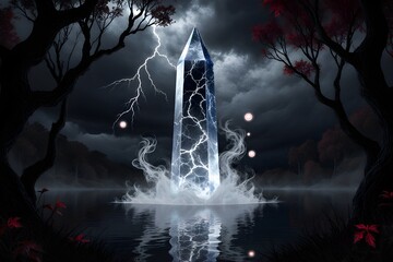 A towering crystal tower emerging from a dark
