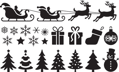 Naklejka premium Christmas vector set of black color icons on isolated background. Christmas icons of trees, deer, stars, gifts, and so on for your design. Vector illustration