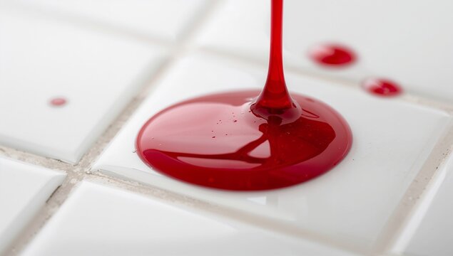 Dripping glossy red liquid droplets pooling on white ceramic tiles in kitchen, with grout lines - Powered by Adobe