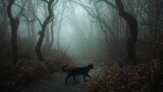 Striding black cat exploring winding dirt path by twisted bare trees, fog and dried grasses - Powered by Adobe