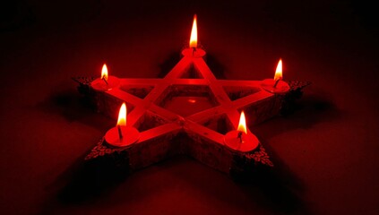 Casting pentagram candle holder emitting red glow in dimly lit interior, with five tealight candles