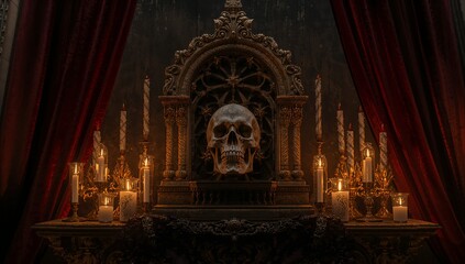 Obraz premium Flickering candlelight dancing across altar with red drapes in gothic chamber, showing human skull