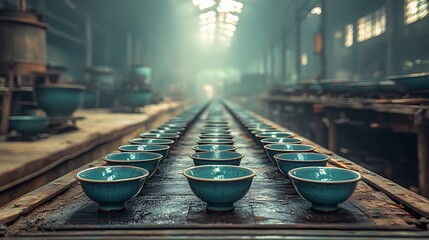 Bowls on production line in a factory.