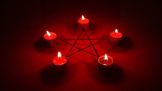 Flickering five red tealight candles forming pentagram on dim tabletop, with thin dark string