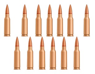 Twelve rifle bullets arranged in two rows on a white backdrop, demonstrating ammunition. The bullets show a gold casing and a copper tip