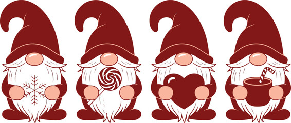 Four vector stencils of gnomes for cutting. Window decoration, gnome protrusion. 