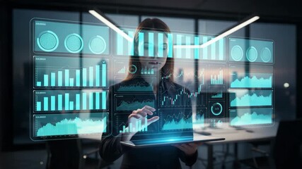 Businesswoman Using Futuristic Holographic Data Analytics Interface in Smart Office, AI-Powered Financial Dashboard and Digital Visualization Technology for Modern Business Insights - Powered by Adobe