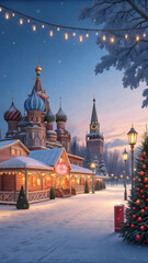 Festive Winter Market Scene with St Basils Cathedral and Decorated Christmas Tree Under a Twilight Sky Full HD 4K Video Download 2025 2026
