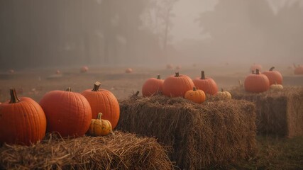 Moving camera panning and zooming out over pumpkin patch in misty field, showcasing hay bales - Powered by Adobe