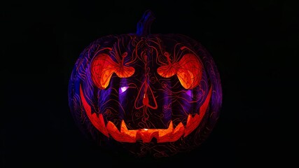 Pulsing LED lighting pumpkin in darkness, showing skull carving with vine patterns - Powered by Adobe