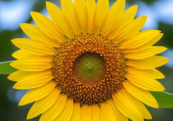Fototapeta premium Close-up of a beautiful sunlit sunflower showcasing its golden petals and intricate Fibonacci spiral pattern in the center