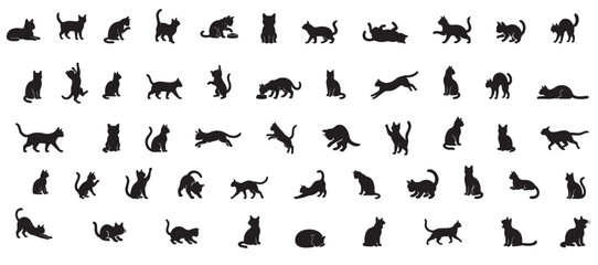 Collection of black cat and kitten silhouettes in various poses, isolated on white background. concept of pets, cute felines, domestic animal, playtime, design element. Set © Dump