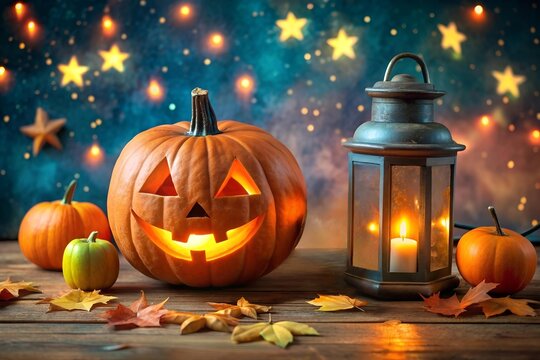 On a table made of rough boards stand a jack-o-lantern, pumpkins, an old candle lantern, leaves and branches; the wall behind is like a night sky with stars in a garland.