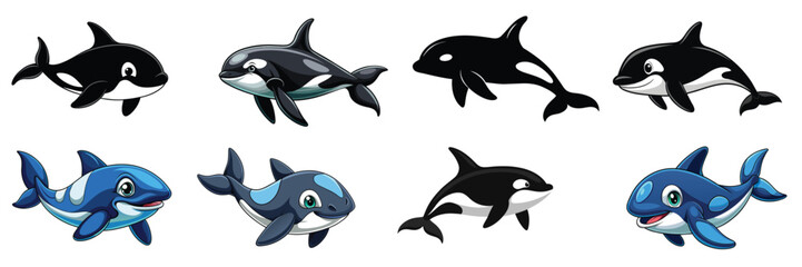 Collection of playful cartoon killer whales in various poses. Concept of marine animals, ocean life, cute orca illustrations, character design for kids