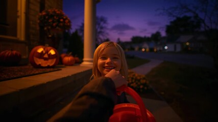 Adult hand dropping candy into child's pumpkin bucket for Halloween on porch, with jack-o'-lanterns - Powered by Adobe