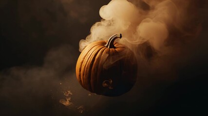 Carved pumpkin rotating in studio after smoke emerging from its ridges, revealing carved contours - Powered by Adobe
