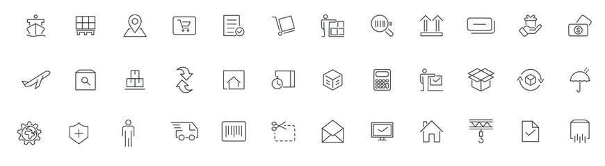Delivery logistics and supply chain line icons set.  Containing distribution, value chain, shipping, transportation, delivery, cargo, freight, route planning