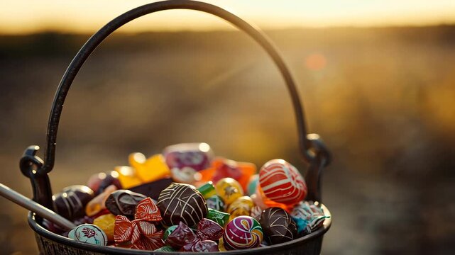 Opening on candy closeup, camera tilting revealing bucket in field with bright candies and scoop
