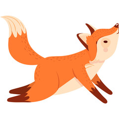 Cute cartoon orange fox with bushy tail running happily across a white background with eyes closed and ears perked up in a playful manner