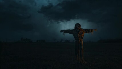 Forking lightning striking behind scarecrow on farmland revealing storm clouds and tree silhouettes - Powered by Adobe