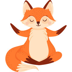 Cute cartoon fox meditating in a yoga pose with eyes closed on a transparent background warm orange...