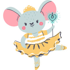 Cute Cartoon Gray Mouse Wearing A Yellow Tutu And Ballet Slippers Dancing With A Sparkly Wand And Pink Balloons On A Transparent Background