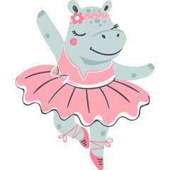 Cute Cartoon Hippo Ballerina Dancing Gracefully in Pink Tutu and Ballet Slippers on Transparent Background
