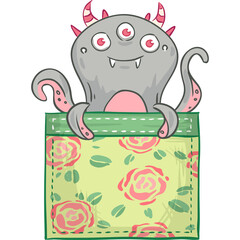 Cute cartoon gray monster with three eyes and pink horns peeking out of a floral pocket illustration