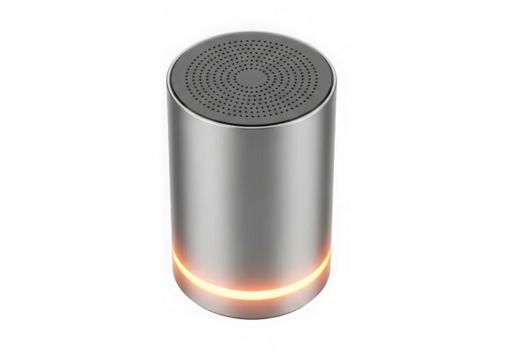 Modern cylindrical metallic smart speaker with orange light isolated on transparent background