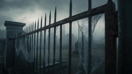 Holding rusted iron fence showcasing spider webs at cemetery entrance, with drifting fog - Powered by Adobe