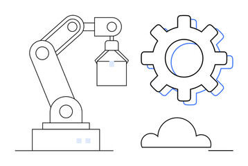 Robotic arm holding a box, gear symbol, and cloud icon signify automation, industrial design, AI, cloud computing, engineering, efficiency and futuristic technology. Ideal for modern tech visual