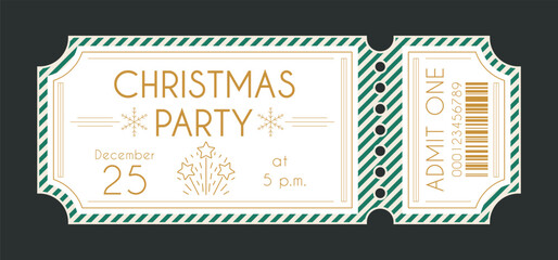 Christmas party ticket template. Festive background with holidays items. Layout includes sample text, date, time and number. Admit one ticket for organizing and promoting holiday events and cozy magic