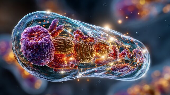 A cell is shown in a clear container with a purple and orange blob in the middle