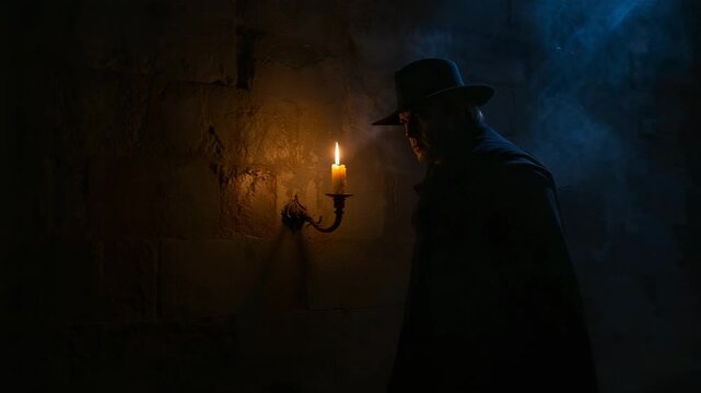Entering corridor by candle man wearing widebrim hat cloak examining wall iron sconce moving deeper