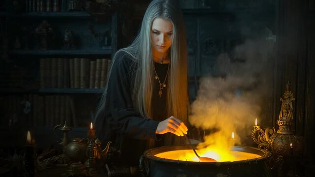 Woman lifting ladle from cauldron and stirring glowing elixir in lit chamber, with brass vessels