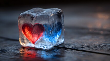 Two heart shapes encased in ice, illuminated by red and blue light.