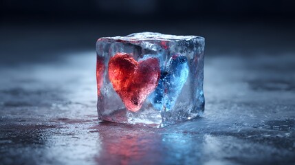 Two hearts frozen in ice cube with blue and red glow.