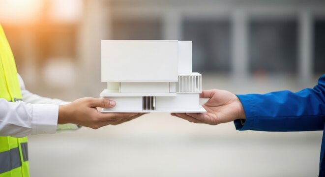 Two people hands holding white architectural model building outdoors building model