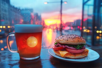 A beer mug and burger on a table with a city sunset visible through the window in the background