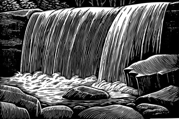Abstract geometric outline of a waterfall, where the water flow is represented by clean, parallel lines