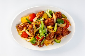 Crispy fried chicken, sweet and sour on white background