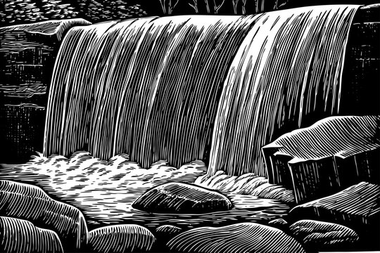 Abstract geometric outline of a waterfall, where the water flow is represented by clean, parallel lines