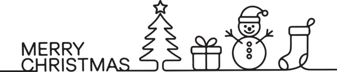Linear style design for winter holidays with Christmas tree, gift box, snowman and stocking
