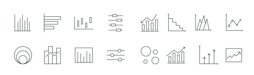 Growing bar graph line icon set. Business graphs and charts icons, line charts, finance report, income growth, economy statistic, gantt diagram, infographic, bar charts, pie charts