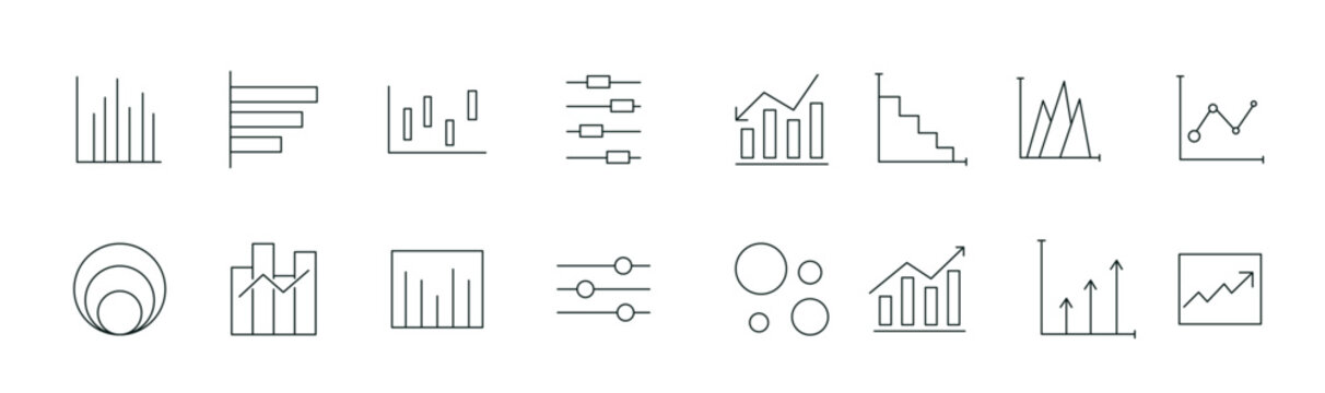 Growing bar graph line icon set. Business graphs and charts icons, line charts, finance report, income growth, economy statistic, gantt diagram, infographic, bar charts, pie charts