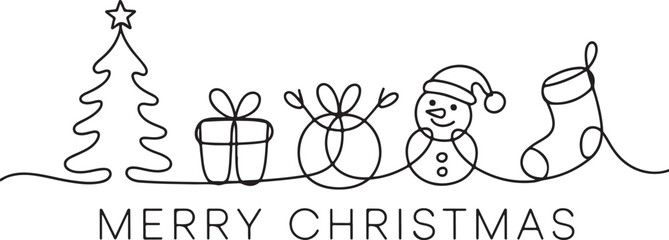 Linear style design for winter holidays with Christmas tree, gift box, snowman and stocking
