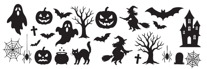 Halloween Set of black silhouettes of icons isolated on white background, featuring witch, ghost, bat, pumpkin. concept of spooky decorations, festive elements, seasonal art, design.