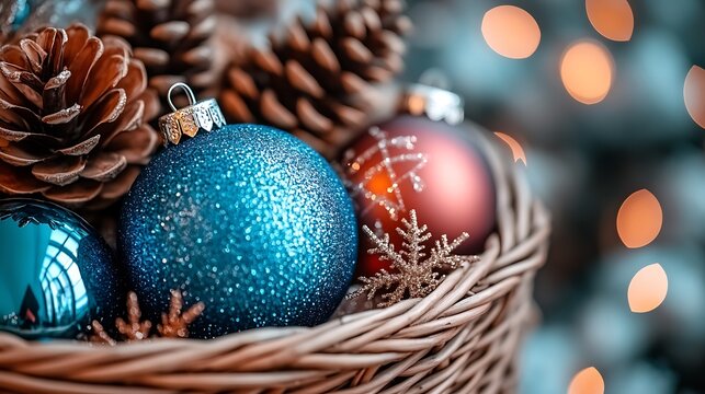 Christmas ornaments in a wicker basket.