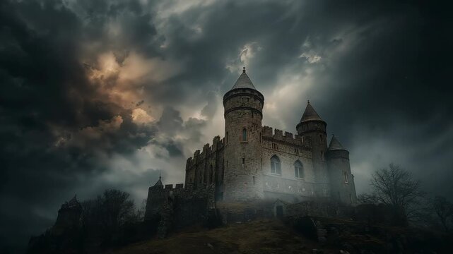 Tilting, panning camera after first shot capturing medieval castle turret on hill, revealing mist - Powered by Adobe
